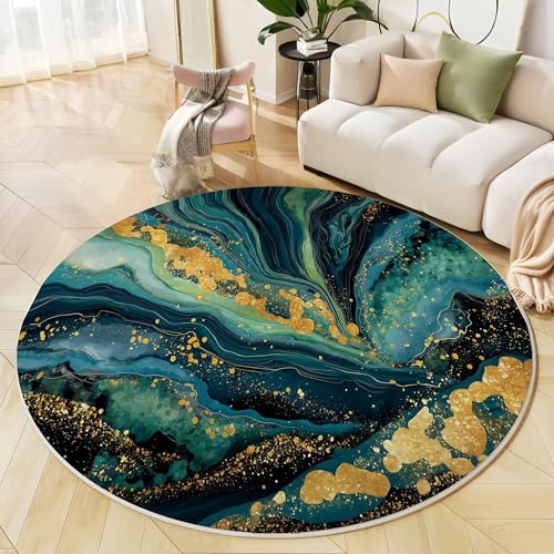 GDJSMIN Rund Teppich Dunkelblau Waschbarer Wohnzimmer Luxuriöses Marmor- Sofa Teppich Kurzflor Couchtischmatte,Wirbel-Design Rutschfester Carpet Für Schlafzimmer,100Cm von GDJSMIN