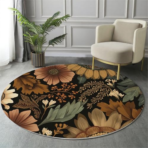 GDJSMIN Rund Teppich Dunkelbraun Waschbarer Wohnzimmer Böhmisches Design Sofa Teppich Kurzflor Couchtischmatte,Gefallene Blätter Blumenmuster Rutschfester Carpet Für Schlafzimmer,80Cm von GDJSMIN