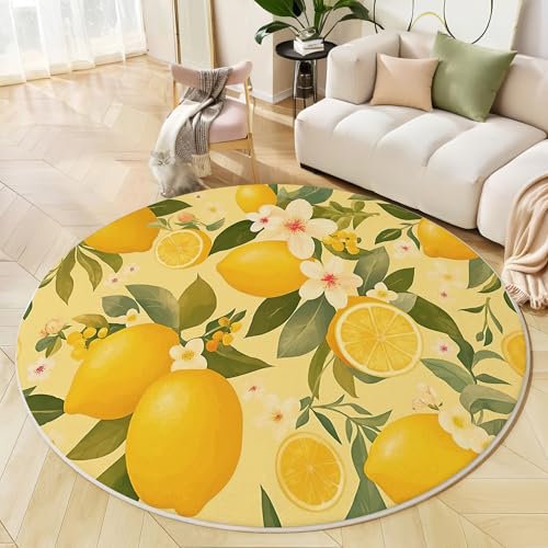 GDJSMIN Rund Teppich Gelb Waschbarer Wohnzimmer Zitrusfrucht-Design Sofa Teppich Kurzflor Couchtischmatte,Zitronen-Illustration Rutschfester Carpet Für Schlafzimmer,160Cm von GDJSMIN