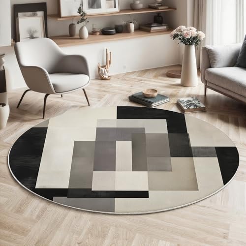 GDJSMIN Rund Teppich Grau Waschbarer Wohnzimmer Abstraktes Design Sofa Teppich Kurzflor Couchtischmatte,Geometrisches Quadratmuster Rutschfester Carpet Für Schlafzimmer,200Cm von GDJSMIN