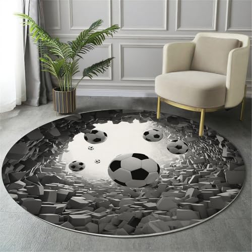 GDJSMIN Rund Teppich Grau Waschbarer Wohnzimmer Fußball-Illustration Sofa Teppich Kurzflor Couchtischmatte,Realistisches Wandloch-Design Rutschfester Carpet Für Schlafzimmer,100Cm von GDJSMIN