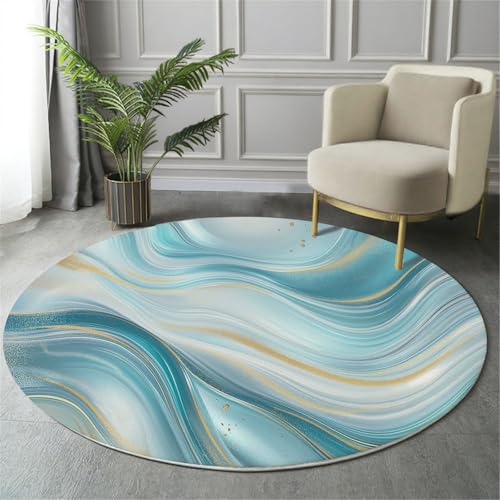 GDJSMIN Rund Teppich Hellblau Waschbarer Wohnzimmer Abstraktes Design Mit Blauen Und Goldenen Marmor- Sofa Teppich Kurzflor Couchtischmatte,Glitzerlinien Rutschfester Carpet Für Schlafzimmer,80Cm von GDJSMIN