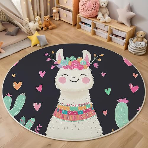 GDJSMIN Rund Teppich Rosa Waschbarer Wohnzimmer Cartoon-Stil Illustration Sofa Teppich Kurzflor Couchtischmatte,Süßes Kamel Rutschfester Carpet Für Schlafzimmer,100Cm von GDJSMIN