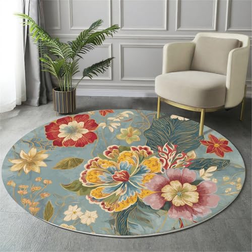 GDJSMIN Rund Teppich Rot Und Gelb Waschbarer Wohnzimmer Botanischer Blumendruck Sofa Teppich Kurzflor Couchtischmatte,Blumen- Und Blattmuster Rutschfester Carpet Für Schlafzimmer,100Cm von GDJSMIN