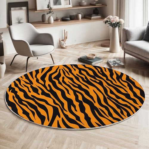 GDJSMIN Rund Teppich Schwarz Orange Waschbarer Wohnzimmer Tierhaut-Design Sofa Teppich Kurzflor Couchtischmatte,Zebrastreifen-Textur Rutschfester Carpet Für Schlafzimmer,100Cm von GDJSMIN