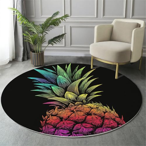 GDJSMIN Rund Teppich Schwarz Waschbarer Wohnzimmer Fruchtelemente Sofa Teppich Kurzflor Couchtischmatte,Regenbogenfarbene Ananas-Illustration Rutschfester Carpet Für Schlafzimmer,160Cm von GDJSMIN