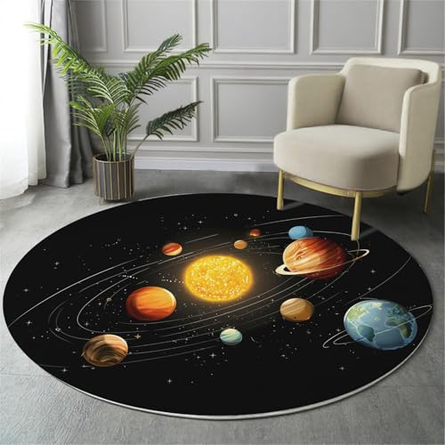 GDJSMIN Rund Teppich Schwarz Waschbarer Wohnzimmer Sonnensystem-Illustration Sofa Teppich Kurzflor Couchtischmatte,Planet Sonnenmuster Rutschfester Carpet Für Schlafzimmer,80Cm von GDJSMIN