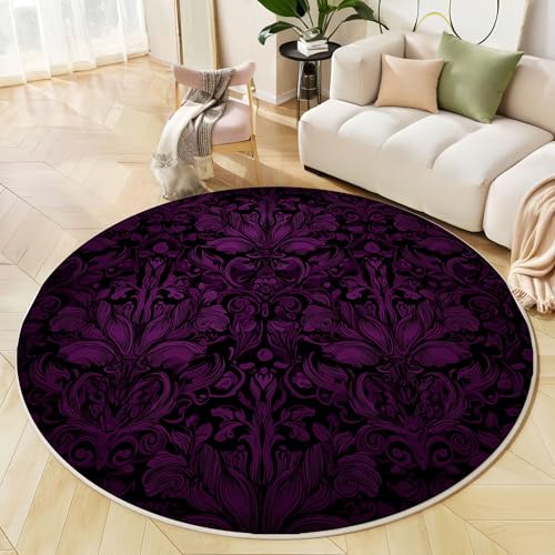 GDJSMIN Rund Teppiche Wohnzimmer Damastmuster Dunkelviolett 200Cm - Küche Jugendzimmer Esszimmer Flur Und Schlafzimmer Kurzflor Teppich Gegend Extra Weich Pflegeleicht von GDJSMIN