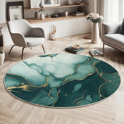 GDJSMIN Rund Teppiche Wohnzimmer Goldlinien-Design Smaragdgrün 100Cm - Küche Jugendzimmer Esszimmer Flur Und Schlafzimmer Kurzflor Teppich Gegend Extra Weich Pflegeleicht von GDJSMIN