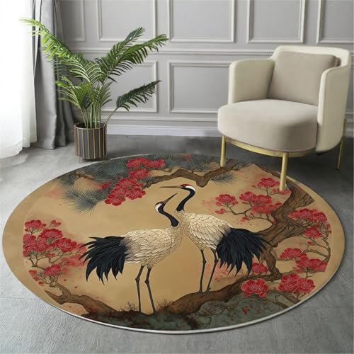 GDJSMIN Rund Teppiche Wohnzimmer Kiefernzweig Kranich Druck Hellbraun 100Cm - Küche Jugendzimmer Esszimmer Flur Und Schlafzimmer Kurzflor Teppich Gegend Extra Weich Pflegeleicht von GDJSMIN