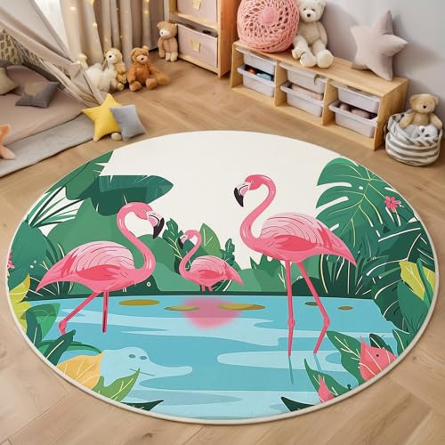 GDJSMIN Rund Teppiche Wohnzimmer Pflanzen Flamingo Muster Rosa 180Cm - Küche Jugendzimmer Esszimmer Flur Und Schlafzimmer Kurzflor Teppich Gegend Extra Weich Pflegeleicht von GDJSMIN
