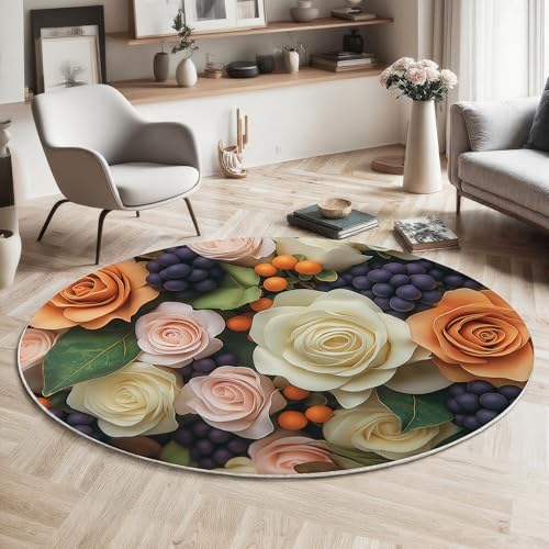 GDJSMIN Rund Teppiche Wohnzimmer Rose Und Grüne Blätter Muster Pfirsich 200Cm - Küche Jugendzimmer Esszimmer Flur Und Schlafzimmer Kurzflor Teppich Gegend Extra Weich Pflegeleicht von GDJSMIN