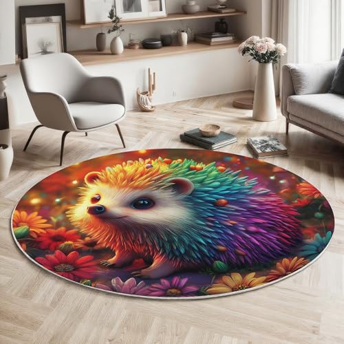 GDJSMIN Rund Teppiche Wohnzimmer Süßer Bunter Igel Mehrfarbig 120Cm - Küche Jugendzimmer Esszimmer Flur Und Schlafzimmer Kurzflor Teppich Gegend Extra Weich Pflegeleicht von GDJSMIN