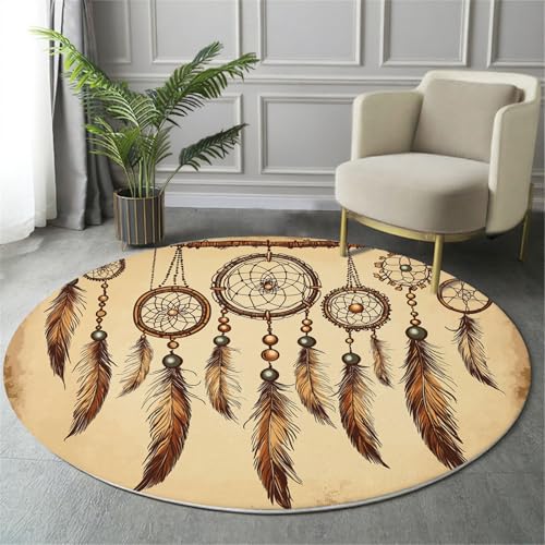 GDJSMIN Rund Teppiche Wohnzimmer Traumfänger-Illustration Braun 100Cm - Küche Jugendzimmer Esszimmer Flur Und Schlafzimmer Kurzflor Teppich Gegend Extra Weich Pflegeleicht von GDJSMIN