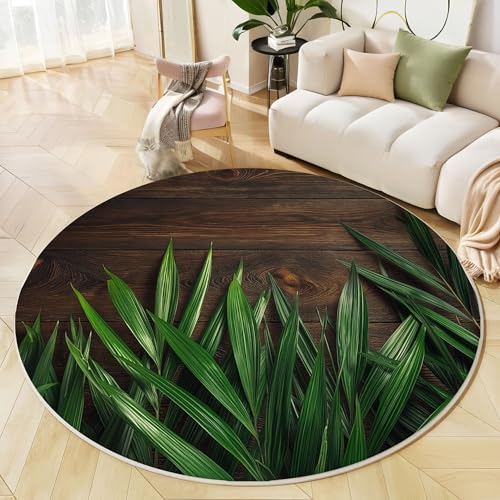 GDJSMIN Rustikaler Stil Maschinenwaschbarer Runder Teppich–Weich Pflegeleicht Mit Grüne Palmblätter Print-Muster, Anti-Rutsch Teppich Für Wohnzimmer Und Küche,100Cm,Braun von GDJSMIN