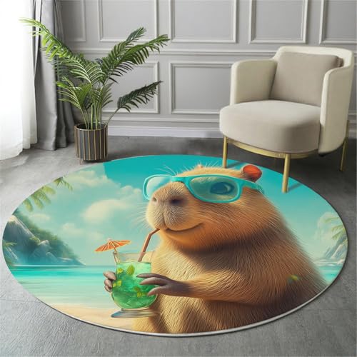 GDJSMIN Teppich Rund 100Cm Teppich Wohnzimmer Cartoon-Capybara Teppiche Braun Kurzflor Teppiche Schlafzimmer Für Wohnzimmer Kinderzimmer Schlafzimmer von GDJSMIN