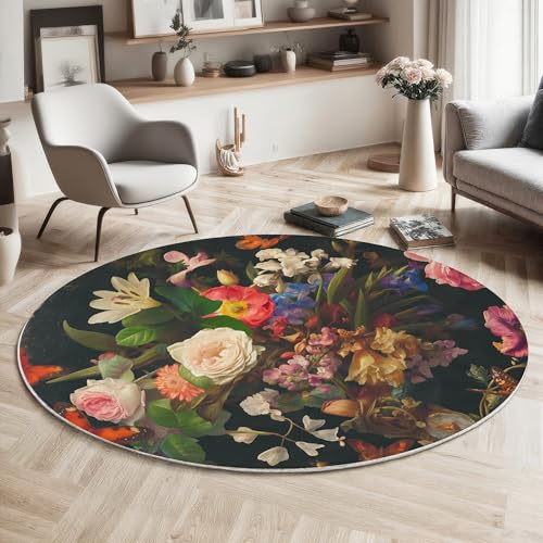 GDJSMIN Teppich Rund 100Cm Weich Und Flauschig Teppich Gegend Kreis rutschfest Waschbar Blumen Botanische Illustration Bodenteppich Wohnzimmer Schlafzimmer(Grün) von GDJSMIN