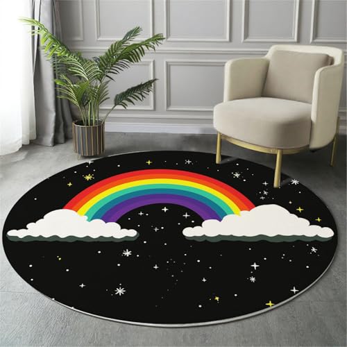 GDJSMIN Teppich Rund 100Cm Weich Und Flauschig Teppich Gegend Kreis rutschfest Waschbar Regenbogen Und Weißes Wolkendesign Bodenteppich Wohnzimmer Schlafzimmer(Bunt) von GDJSMIN