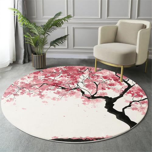 GDJSMIN Teppich Rund 100Cm Weich Und Flauschig Teppich Gegend Kreis rutschfest Waschbar Sakura-Baum-Illustration Bodenteppich Wohnzimmer Schlafzimmer(Hellrosa) von GDJSMIN