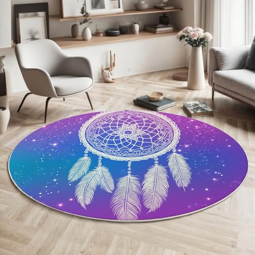 GDJSMIN Teppich Rund 100Cm Weich Und Flauschig Teppich Gegend Kreis rutschfest Waschbar Traumfänger Illustration Bodenteppich Wohnzimmer Schlafzimmer(Lila) von GDJSMIN