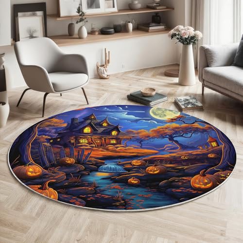 GDJSMIN Teppich Rund 100Cm Weich Und Flauschig Teppich Gegend Kreis rutschfest Waschbar Wald-Spukhaus-Design Bodenteppich Wohnzimmer Schlafzimmer(Dunkelblau) von GDJSMIN