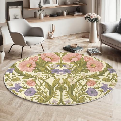 GDJSMIN Teppich Rund 100Cm Weich Und Flauschig Teppich Gegend Kreis rutschfest Waschbar Wildblumen Reben-Design Bodenteppich Wohnzimmer Schlafzimmer(Rosa) von GDJSMIN
