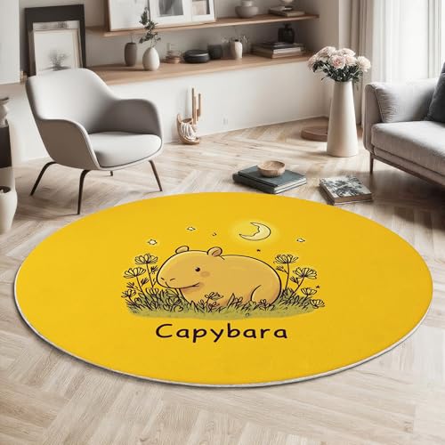 GDJSMIN Teppich Rund 120Cm Weich Und Flauschig Teppich Gegend Kreis rutschfest Waschbar Süßes Capybara-Muster Bodenteppich Wohnzimmer Schlafzimmer(Gelb) von GDJSMIN