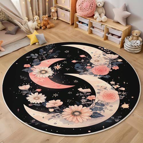 GDJSMIN Teppich Rund 140Cm Teppich Wohnzimmer Blumen Sternenmuster Teppiche Schwarz Kurzflor Teppiche Schlafzimmer Für Wohnzimmer Kinderzimmer Schlafzimmer von GDJSMIN