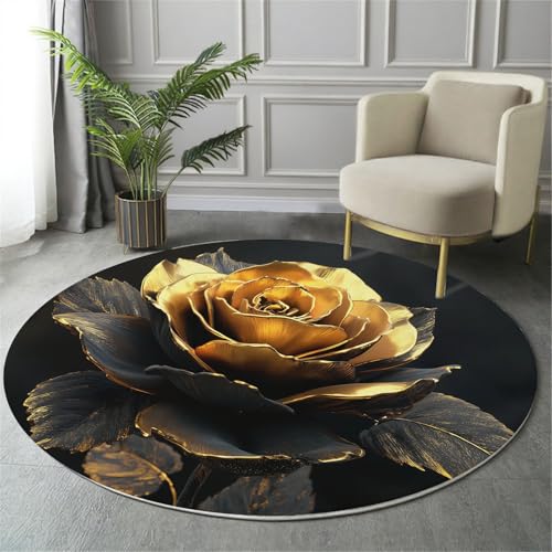 GDJSMIN Teppich Rund 140Cm Teppich Wohnzimmer Goldene Rose Teppiche Tiefschwarz Kurzflor Teppiche Schlafzimmer Für Wohnzimmer Kinderzimmer Schlafzimmer von GDJSMIN