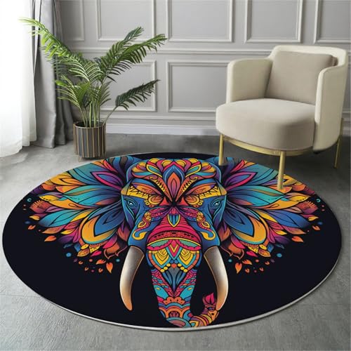 GDJSMIN Teppich Rund 140Cm Weich Und Flauschig Teppich Gegend Kreis rutschfest Waschbar Bunte Elefantenkopf-Illustration Bodenteppich Wohnzimmer Schlafzimmer(Gelb) von GDJSMIN