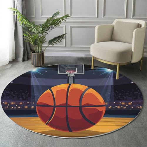 GDJSMIN Teppich Rund 160Cm Teppich Wohnzimmer Cartoon-Basketball-Design Teppiche Bräunen Kurzflor Teppiche Schlafzimmer Für Wohnzimmer Kinderzimmer Schlafzimmer von GDJSMIN