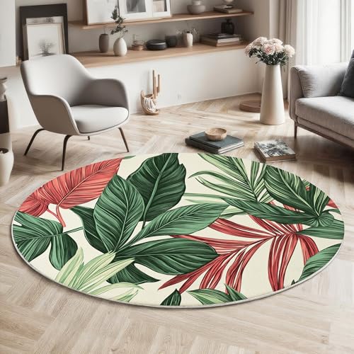 GDJSMIN Teppich Rund 180Cm Weich Und Flauschig Teppich Gegend Kreis rutschfest Waschbar Palm Blatt Illustration Bodenteppich Wohnzimmer Schlafzimmer(Grün) von GDJSMIN