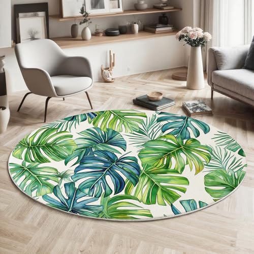 GDJSMIN Teppich Rund 200Cm Weich Und Flauschig Teppich Gegend Kreis rutschfest Waschbar Monstera Pflanzenmuster Bodenteppich Wohnzimmer Schlafzimmer(Salbeigrün) von GDJSMIN