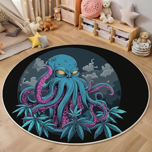 GDJSMIN Teppich Rund 200Cm Weich Und Flauschig Teppich Gegend Kreis rutschfest Waschbar Oktopus-Design Bodenteppich Wohnzimmer Schlafzimmer(Blau) von GDJSMIN