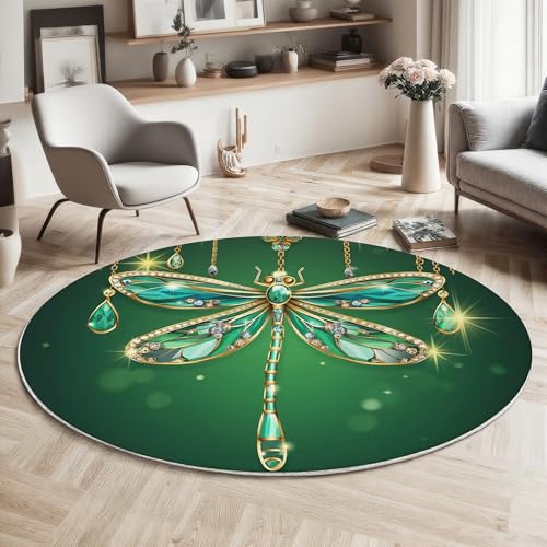 GDJSMIN Teppich Rund 60Cm Weich Und Flauschig Teppich Gegend Kreis rutschfest Waschbar Libellen-Illustration Bodenteppich Wohnzimmer Schlafzimmer(Grün) von GDJSMIN