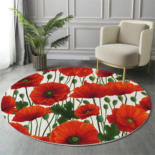 GDJSMIN Teppich Rund 80Cm Teppich Wohnzimmer Rotes Mohnmuster Teppiche Tiefrot Kurzflor Teppiche Schlafzimmer Für Wohnzimmer Kinderzimmer Schlafzimmer von GDJSMIN