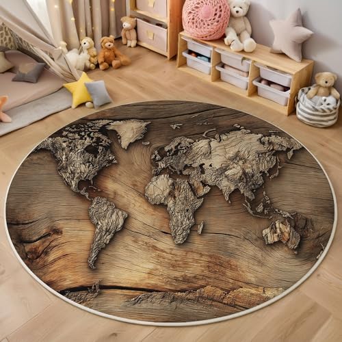 GDJSMIN Teppich Rund 80Cm Teppich Wohnzimmer Weltkartendesign Teppiche Braun Kurzflor Teppiche Schlafzimmer Für Wohnzimmer Kinderzimmer Schlafzimmer von GDJSMIN