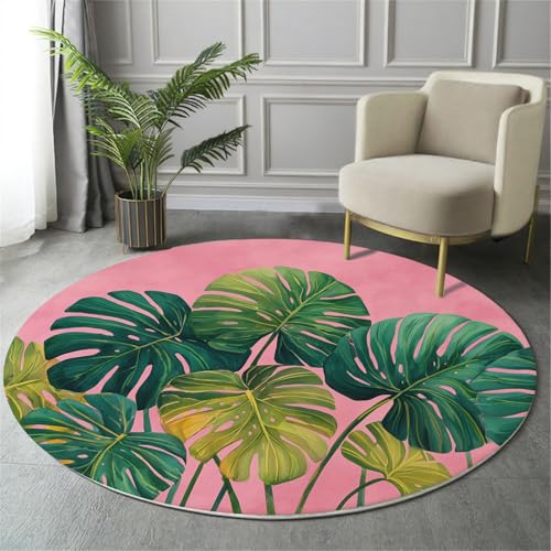 GDJSMIN Teppich Rund 80Cm Weich Und Flauschig Teppich Gegend Kreis rutschfest Waschbar Aquarell Monstera Blatt Illustration Bodenteppich Wohnzimmer Schlafzimmer(Grün) von GDJSMIN