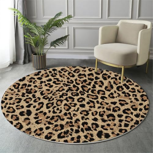 GDJSMIN Teppich Rund 80Cm Weich Und Flauschig Teppich Gegend Kreis rutschfest Waschbar Leopardenmuster Bodenteppich Wohnzimmer Schlafzimmer(Braun) von GDJSMIN