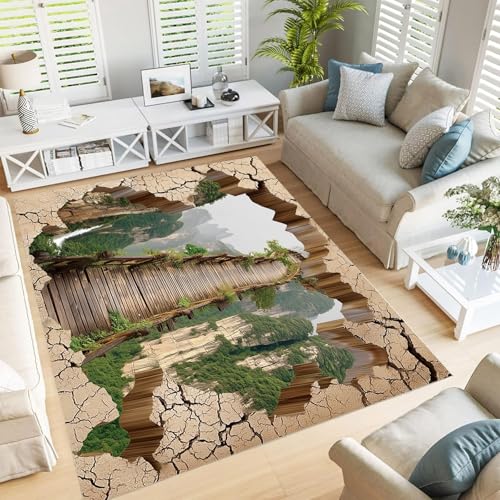 GDJSMIN Teppich Supersoft Kurzflor-Teppich Bodenaufkleber-Design, Holzbrücke Grünfläche Waschbar Für Wohnzimmer Schlafzimmer Jugendzimmer Bräunen 200×300Cm von GDJSMIN