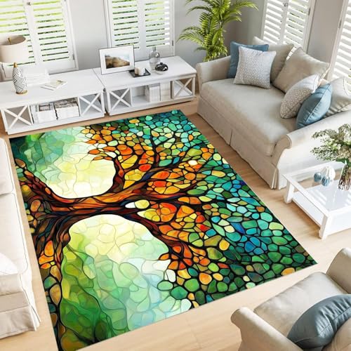 GDJSMIN Teppich Supersoft Kurzflor-Teppich Buntglasstil, Majestätischer Baum Waschbar Für Wohnzimmer Schlafzimmer Jugendzimmer Grün 120×180Cm von GDJSMIN