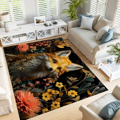 GDJSMIN Teppich Supersoft Kurzflor-Teppich Fantasie-Pflanzenillustration, Süßer Fuchs Waschbar Für Wohnzimmer Schlafzimmer Jugendzimmer Orange Farbe 240×300Cm von GDJSMIN