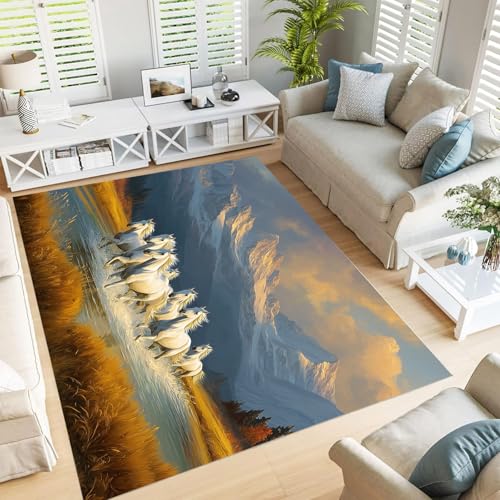 GDJSMIN Teppich Supersoft Kurzflor-Teppich Ölgemälde-Stil, Gras Weißes Pferd Waschbar Für Wohnzimmer Schlafzimmer Jugendzimmer Gold 240×300Cm von GDJSMIN