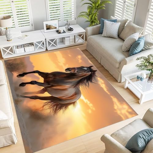 GDJSMIN Teppich Supersoft Kurzflor-Teppich Sonnenuntergangshimmel, Wüstenpferd Waschbar Für Wohnzimmer Schlafzimmer Jugendzimmer Terrakotta-Orange 240×300Cm von GDJSMIN