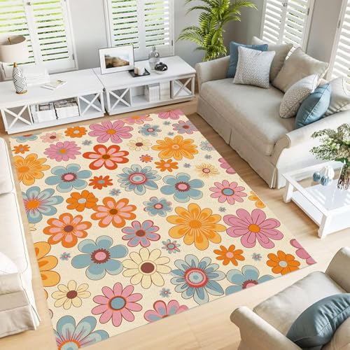 GDJSMIN Teppich Wohnzimmer Hippie Retro Blumen Kurzflor Waschbar - Esszimmer Modern Groß Modische Blumendrucke Schlafzimmer Super Weich rutschfest Flauschig 160×230Cm Aprikosengelb von GDJSMIN