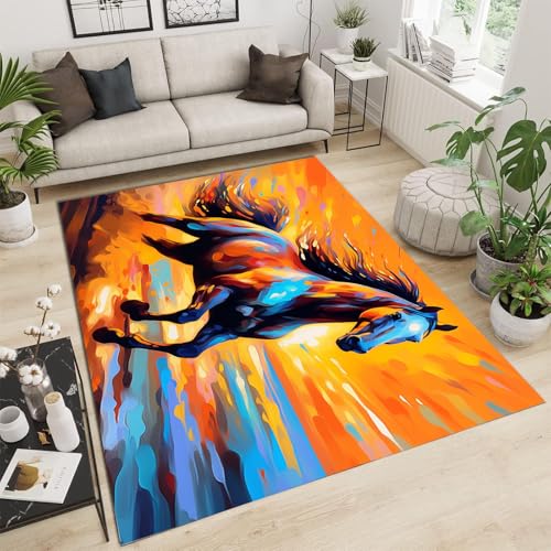 GDJSMIN Teppich Wohnzimmer Majestätisches Pferd Kurzflor Waschbar Carpet - Strand Galoppieren Szene Super Weich rutschfest Flauschig Teppich 240×300Cm - Orange Farbe von GDJSMIN