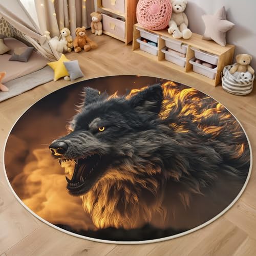 GDJSMIN Tierillustration Teppich Rund 140Cm Wütender Wolf rutschfest Teppiche Wohnzimmer Waschbar Rund Teppiche Kurzflor Weich Runder Teppich Gelb for Schlafzimmer Studie von GDJSMIN