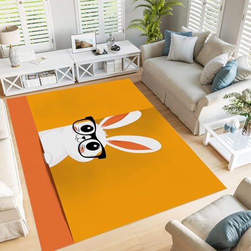 GDJSMIN Tierillustrationen Teppich,60×90Cm, Wohnzimmerteppich Süßes Weißes Kaninchen Schlafzimmerteppich Waschbarerteppich Rutschfester Teppich Für Küche,Flur Esszimmer,Terrakotta-Orange von GDJSMIN