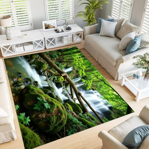 GDJSMIN Waldszene Teppich - Rutschfester Waschbarer Ultraweicher Wasserfall Felsmuster Niedriger Flor Flächenteppich Für Wohnzimmer, Schlafzimmer, Kinderzimmer - 180×270Cm,Smaragdgrün von GDJSMIN