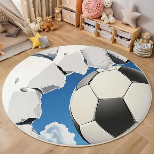 GDJSMIN Waschbarer Teppich Rund 100Cm Fußballspiel-Illustration Teppiche Schlafzimmer - Waschbarer Kurzflor-Runder Teppich Mit Rutschfester Unterseite Für Esszimmer & Sund Kinderzimmer Blau von GDJSMIN